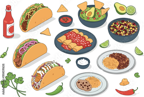 Delicious Mexican Food Feast Tacos, Guacamole, Enchiladas, and More, Perfect for a Festive Gathering