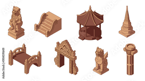 Isometric ancient thai architecture set featuring temples and sculptures