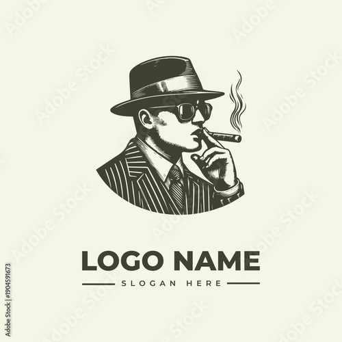 Vintage engraving of a man in a suit and hat smoking a cigar with a logo and slogan on a beige background.