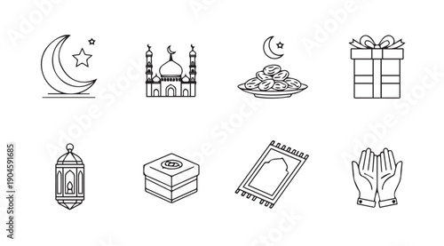 Islamic Icons Set: Crescent Moon, Mosque, Dates, Gift, Lantern, Praying Hands, Prayer Mat, Box - Line Art