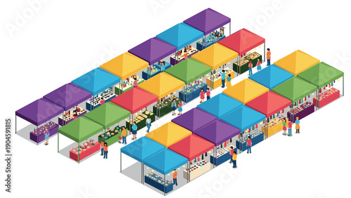 Colorful isometric market stalls with shoppers and vendors in a vibrant scene