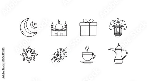Islamic Icons Set: Crescent Moon, Mosque, Gift, Lantern, Star, Dates, Coffee, Dallah, Line Art