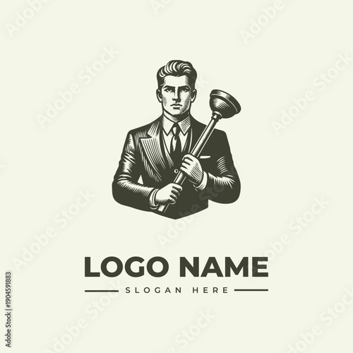 A man in a suit holding a plunger with a vintage engraving style logo and text on a beige background.