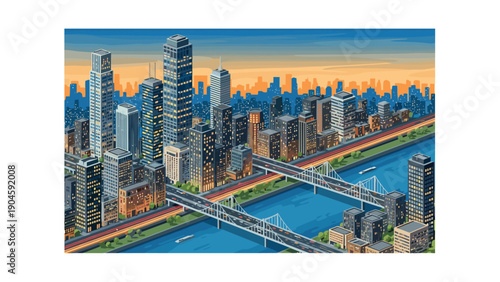 Modern cityscape with skyscrapers and bridges at sunset