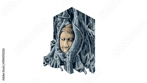 Ancient buddha face embraced by tree roots in thailand