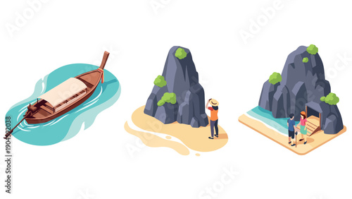 Tropical explore: isometric scenes of boats, beach rocks, and adventurous travelers