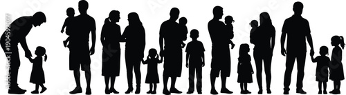 Family silhouettes of parents and children standing together, diverse generations bonding, childcare and parenthood concept isolated on white background