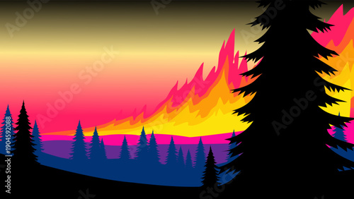 Dramatic forest fire or vibrant sunset silhouette. Bold orange and pink flat design for environmental awareness or conceptual art.