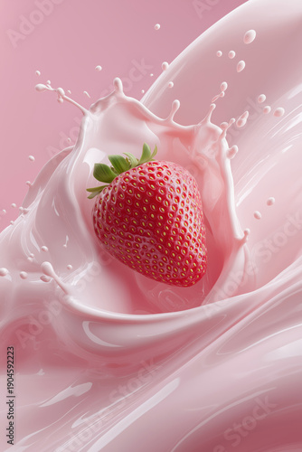 a fresh ripe strawberry suspended mid-air, softly wrapped by a gentle flow of pale pink strawberry yogurt,