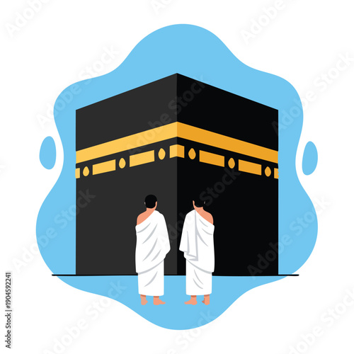 Kaaba and Pilgrims. Islamic Architecture. Flat Design. Religious Pilgrimage. Cultural Tourism.