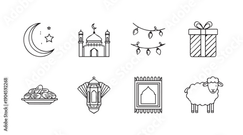 Islamic Icons Set: Crescent Moon, Mosque, Lantern, Prayer Rug, Dates, Gift, Sheep, Lights