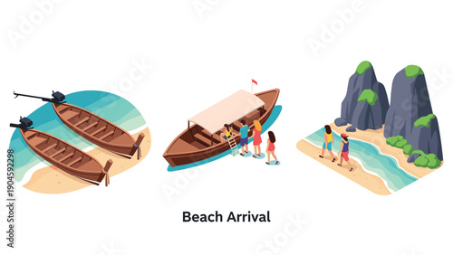 Tropical island adventure with boats and tourists in isometric design