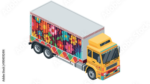 Colorful pakistani truck with floral designs in isometric style