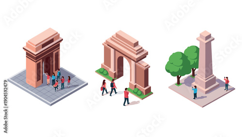 Isometric iconic monuments with tourists and trees in a minimalist setting