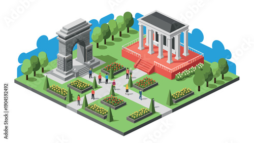 Isometric city park with monuments and walking people in vibrant landscape