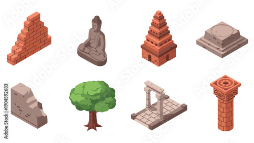 Ancient architecture icons including statue, tree, and brick structures in isometric style