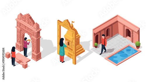 Isometric cultural landmarks with tourists visiting historical architecture