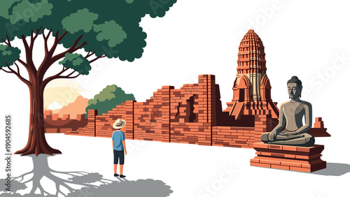 Exploring ancient ruins at sunset with buddha statue and tree