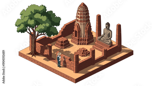 Isometric view of ancient temple ruins with buddha statue and tree