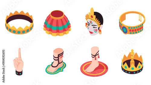 Traditional indian cultural elements in isometric style