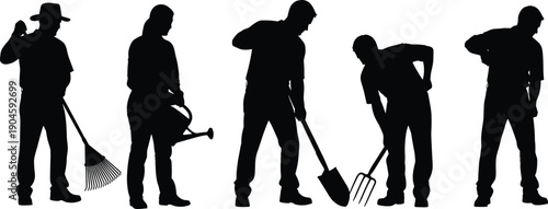 Gardener silhouettes working with tools, raking, digging and yard maintenance activities, landscaping and outdoor labor concept isolated on white background