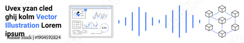 Data visualization, blockchain technology, communication, digital connectivity, network infrastructure, decentralized systems. Graphs, sound waves and cube network elements. Data visualization