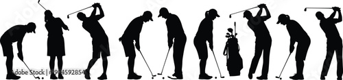 Golf player silhouette set showing complete swing, putting, and stance positions in black vector style for sports, tournament, coaching, and golf course design