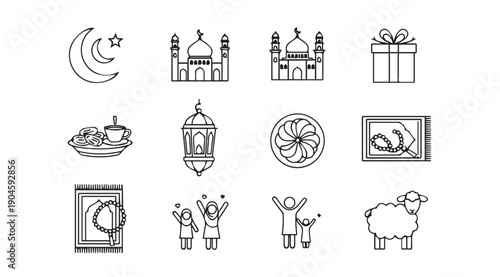 Islamic Icons Set: Mosque, Crescent Moon, Lantern, Prayer Mat, Sheep, Gift, Food, Family - Line Art