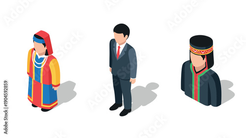 Isometric people in traditional and modern attire on white background