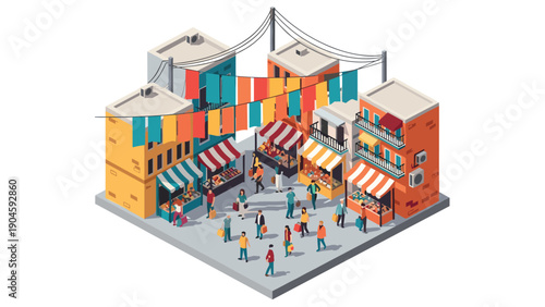 Colorful street market in isometric style with vendors and shoppers