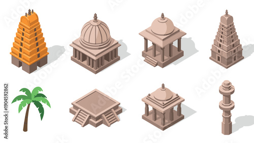 Isometric icons of ancient indian architecture and landmarks