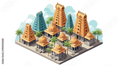 Isometric ancient temple complex with palm trees and vibrant towers