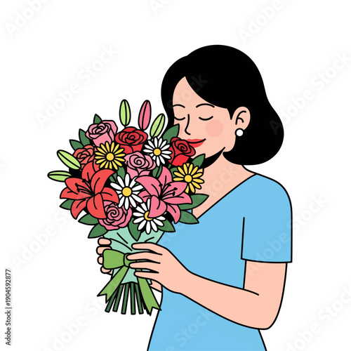 Brighten up your design with a joyful woman inhaling a vibrant bouquet. Perfect for lifestyle blogs, wellness websites, or event promotions.