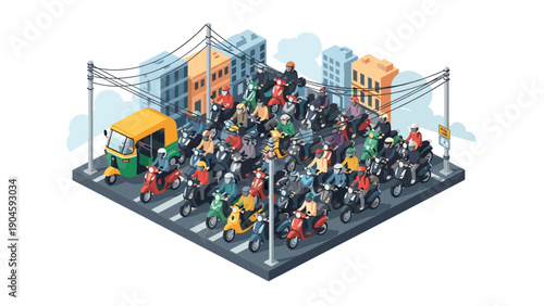 Busy urban traffic with bikers and rickshaw in a city intersection