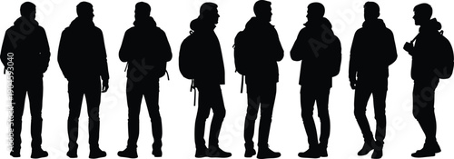 Group of backpacker men silhouettes standing together, travelers and hikers with backpacks, adventure, tourism and outdoor lifestyle concept isolated on white