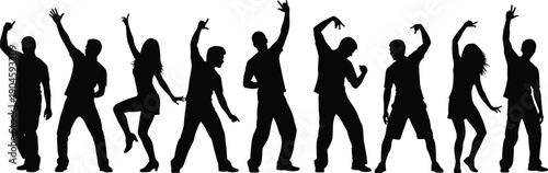Group of energetic people dancing together, black silhouette vector illustration expressing music, party, nightlife, freedom, celebration, movement, and modern social lifestyle concepts