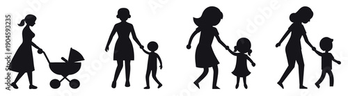 Happy mother's day silhouette images of mothers and children celebrating love and family. Celebrating mother's love and care in different scenarios, vector illustration.