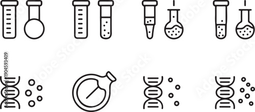Biotechnology and Laboratory Line art Icons Set, Science, DNA, and Chemical Research Outline