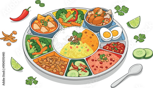 A flavorful and colorful assortment of Thai dishes served on a traditional platter, featuring various curries, rice, and accompaniments