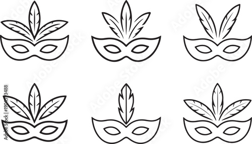 Carnival Mask Line art Icons Set, Minimal Festive Feather Mask Vector Collection