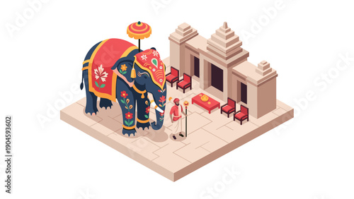 Colorful isometric design of elephant and temple scene with traditional elements