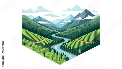 Scenic landscape with mountains, river, and terraced fields in a geometric flat design