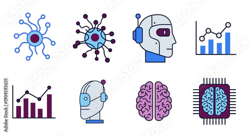 Artificial Intelligence Icons: Robot, Brain, Data, Microchip, Network