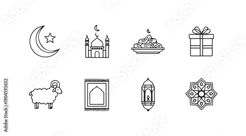 Islamic Icons Set: Ramadan Eid Symbols, Mosque, Dates, Sheep, Lantern, Gift Box, Prayer Rug