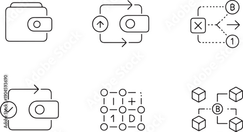 Digital Wallet and Blockchain Icons Set, Cryptocurrency Transaction Outline Vectors
