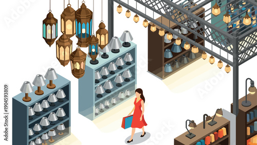 Isometric lighting store display with customer shopping for modern and vintage lamps