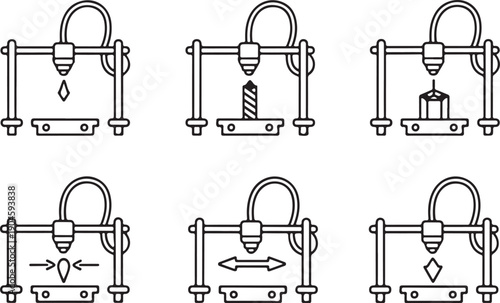 Professional 3D Printer and Additive Manufacturing Icons, Rapid Prototyping, Industrial Design, and Maker Tech Interfaces