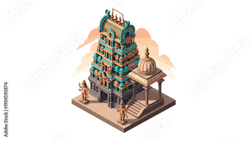 Isometric hindu temple design with colorful details and sculptures