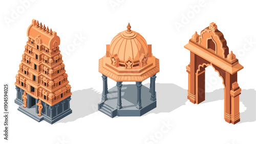 Intricate indian architecture: diverse iconic structures in detailed isometric style
