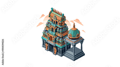 Isometric ancient temple with intricate details and arched facade
